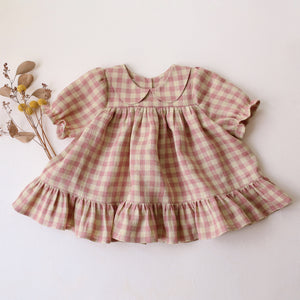 Blush & Cream Gingham Linen Short Sleeve Babydoll Bodice Top with Ruffled Hem