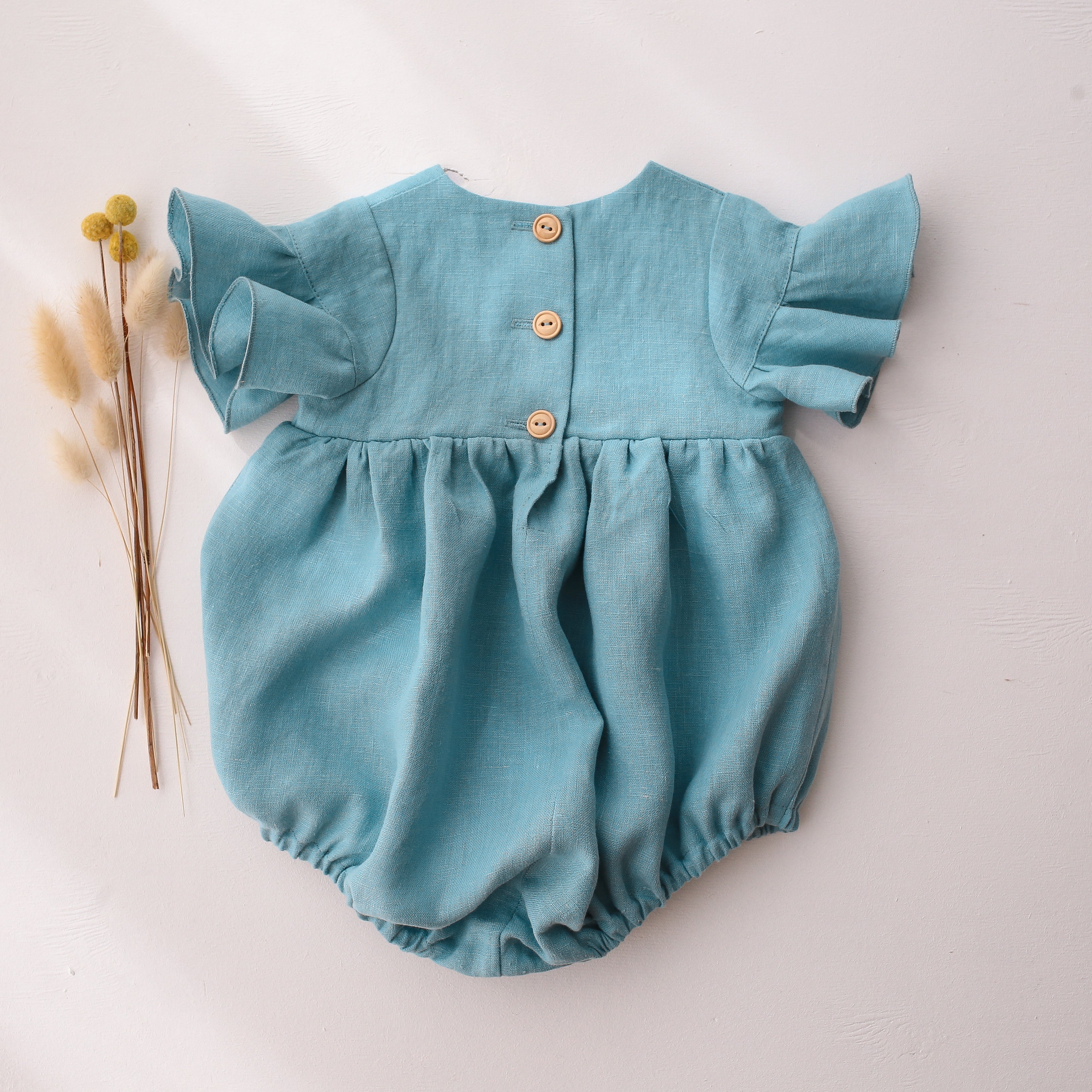 Duck Egg Blue Linen Flounce Sleeve Bubble Playsuit with “Chamomile Flowers” Embroidery