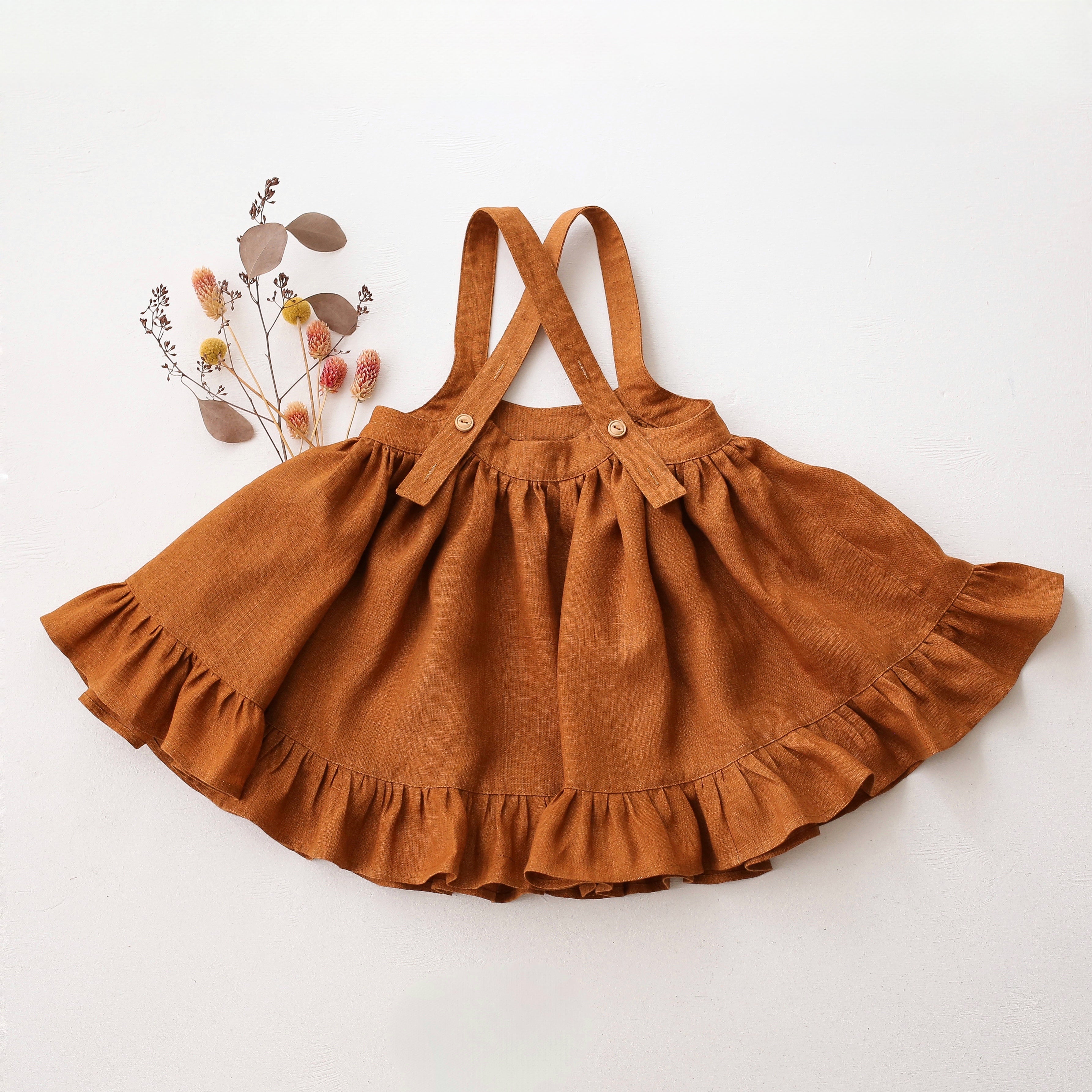 Burnt Orange Linen Straps Pinafore with Frills with “Cat & Pumpkin” Embroidery