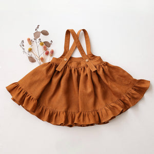 Burnt Orange Linen Straps Pinafore with Frills with “Cat & Pumpkin” Embroidery