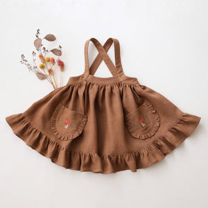 Cocoa Brown Linen Straps Pinafore with Frills with “Tiny Mushrooms” Embroidery