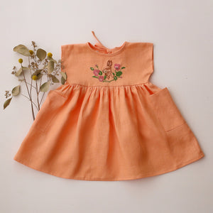 Peach Linen Dolman Style Dress with “Bunny in Flowers” Embroidery