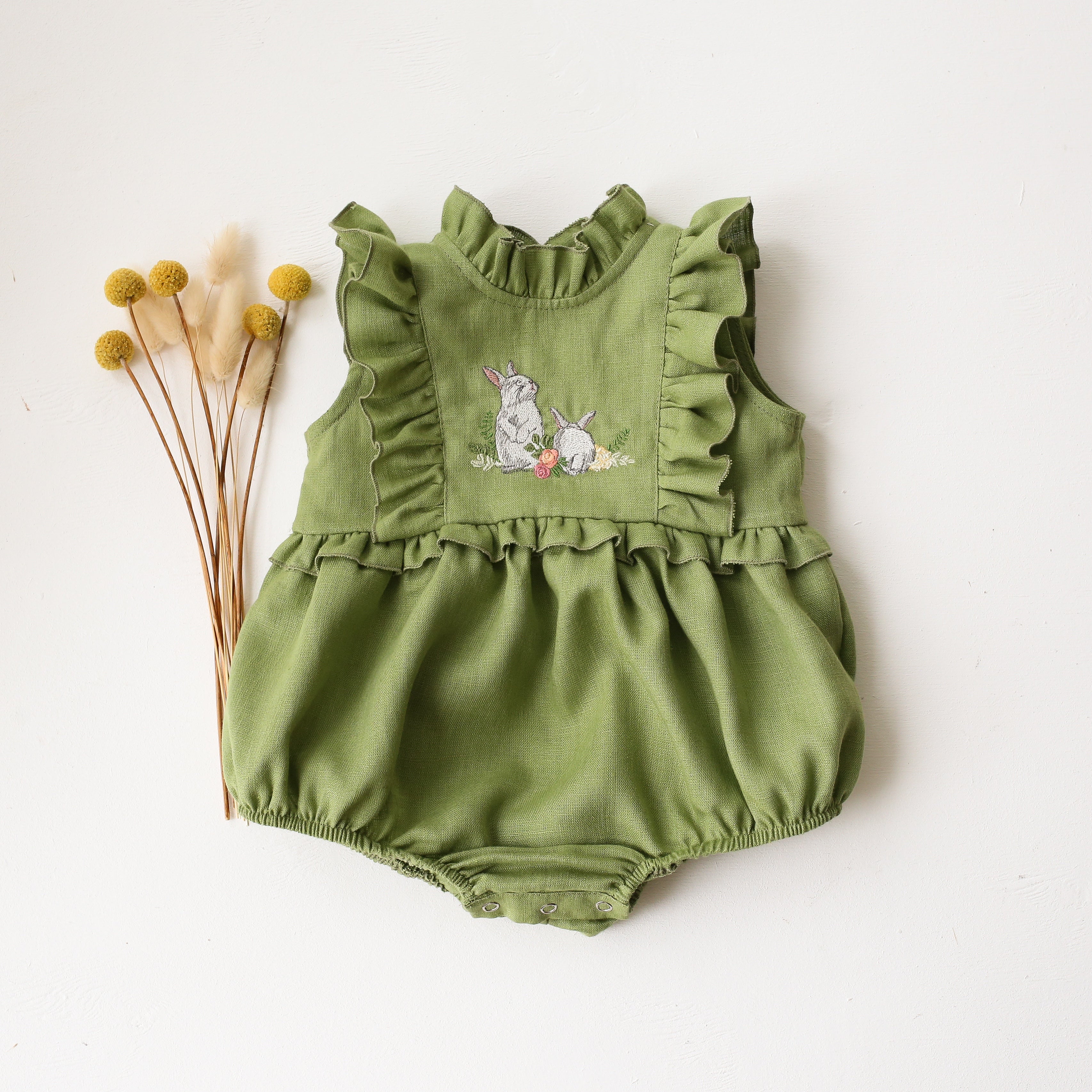 Meadow Green Linen Frills Bodice Bubble Playsuit with “Bunnies & Blossoms” Embroidery