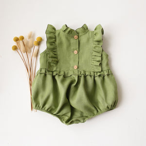 Meadow Green Linen Frills Bodice Bubble Playsuit with “Bunnies & Blossoms” Embroidery