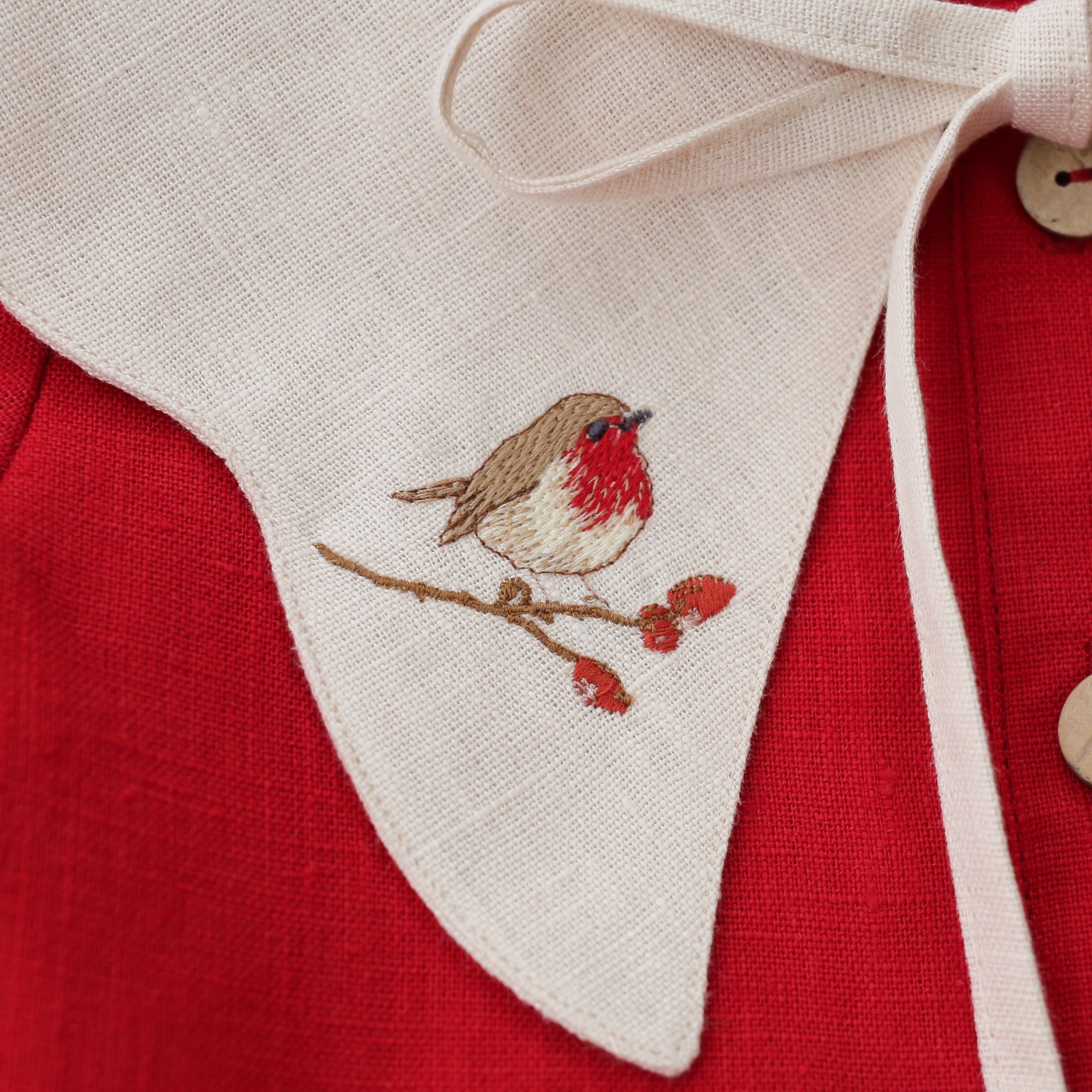 Scarlet Red Linen Lantern Sleeve Tiered Dress with Scalloped Collar in Ivory Linen with "Christmas Robin" Embroidery