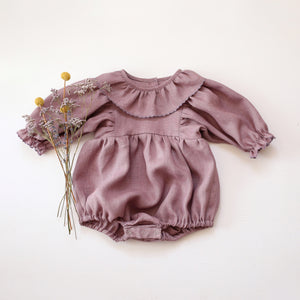 Pale Lilac Linen Puff Sleeve Ruffle Collar Bubble Playsuit