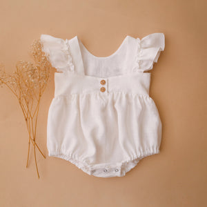 Milk Linen Ruffled Front Bubble Playsuit with “Chamomile Flower” Embroidery