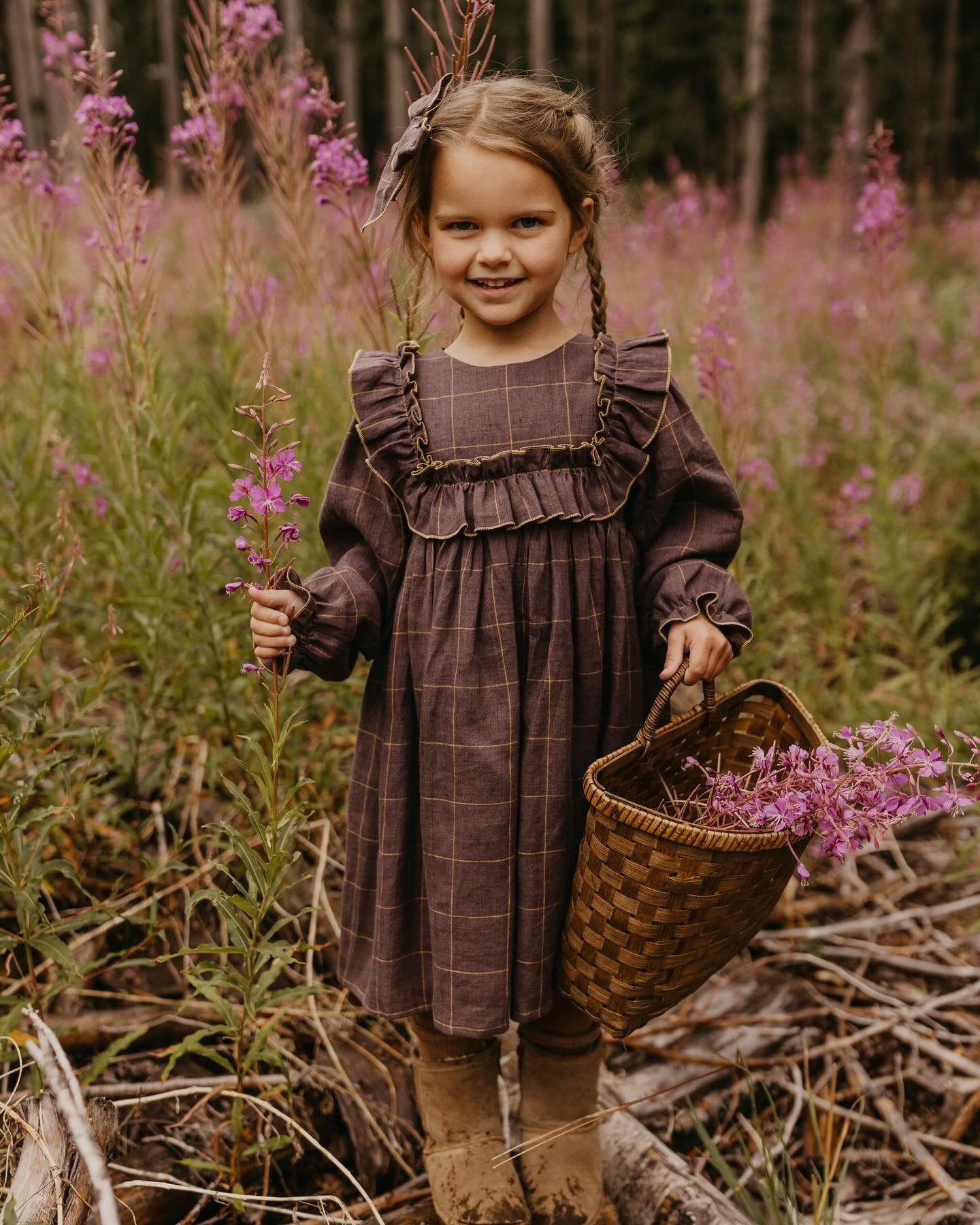 Rosewood Linen Long Sleeve Dress with Wide Bodice Ruffle