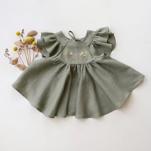 Green Smoke Linen Flutter Sleeve Tie Back Blouse with "Wheat Flower Field" Embroidery