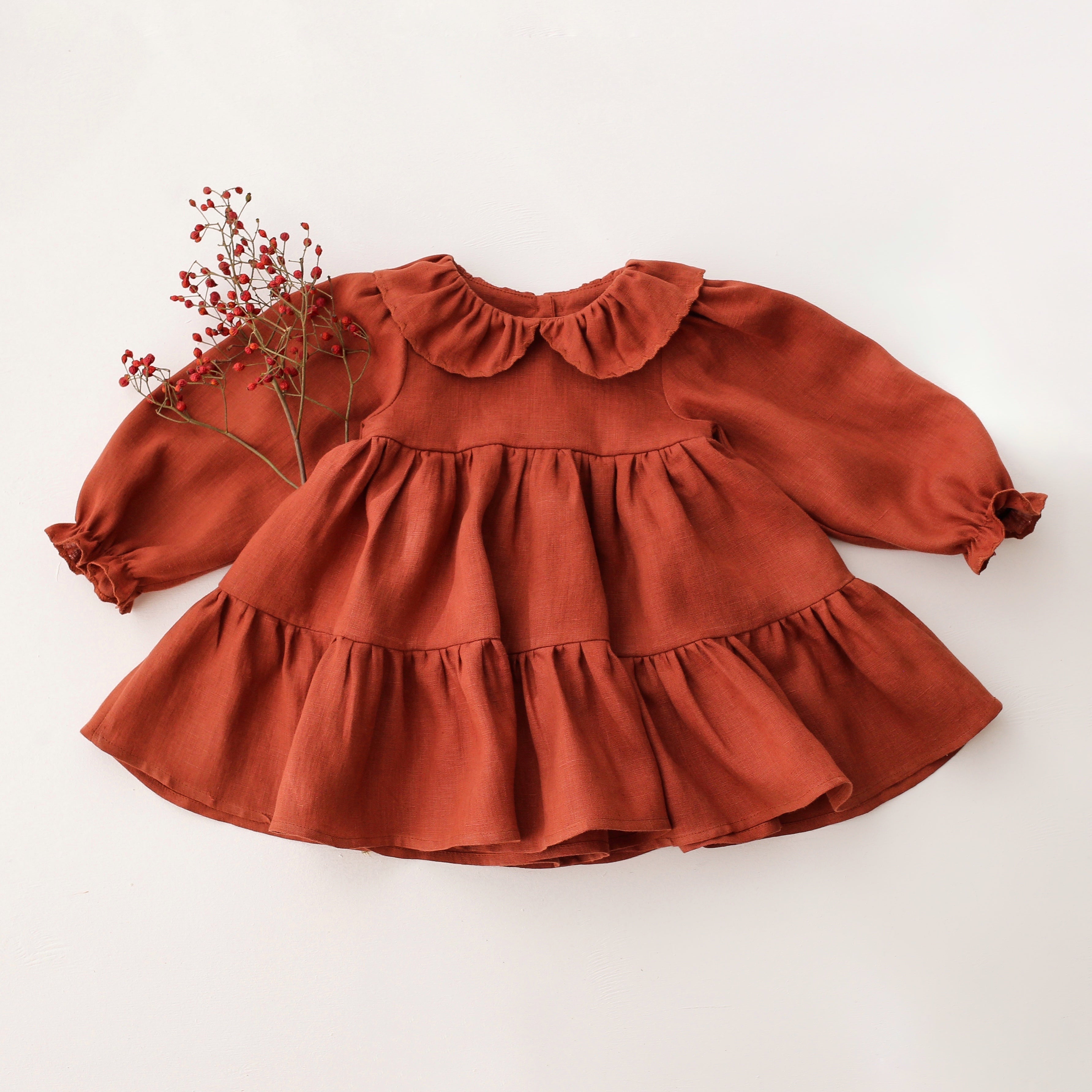 Rust Linen Long Sleeve Peter Pan Collar Tiered Dress