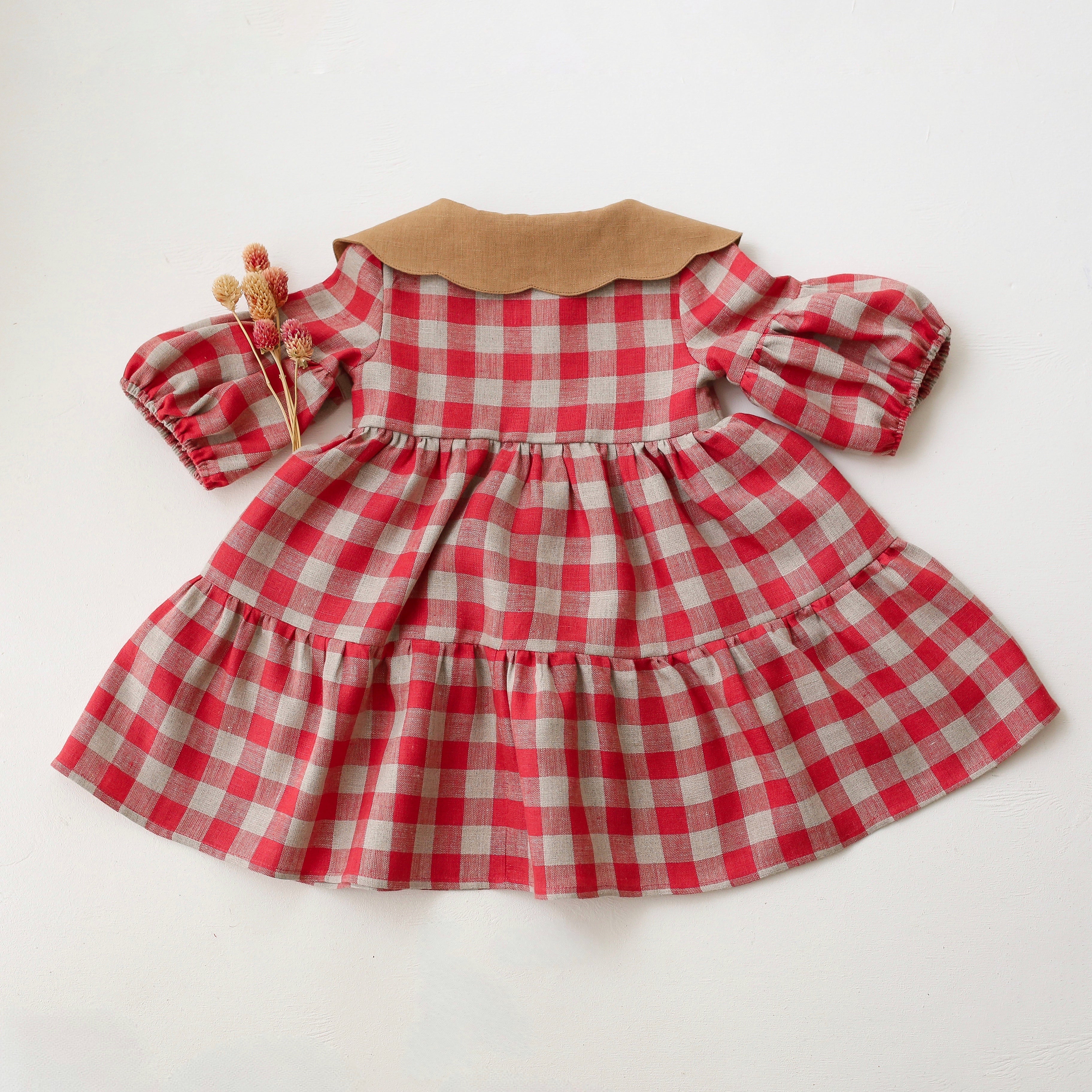 Cherry Check Linen Lantern Sleeve Tiered Dress with Scalloped Collar in Latte Linen with "Meadow Posy" Embroidery