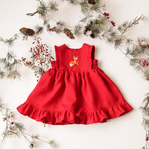 Scarlet Red Linen Dress with Ruffled Hem with "Fox in a Scarf" Embroidery