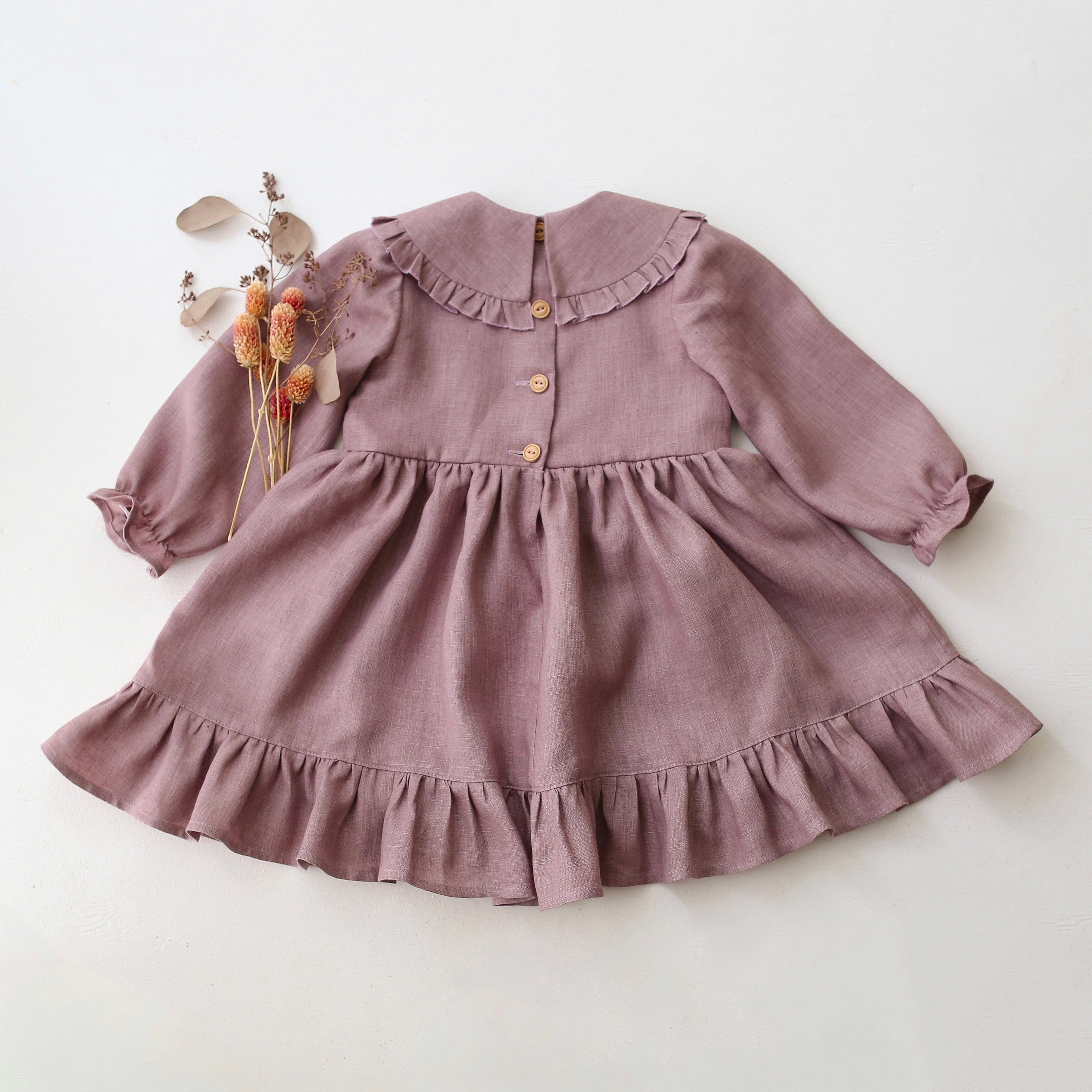 Pale Lilac Linen Long Sleeve Frilled Collar Dress with "Strawberry" Embroidery