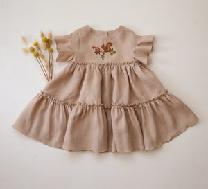Beige Linen Flounce Sleeve Tiered Dress with "Squirrel on Berry Brunch" Embroidery