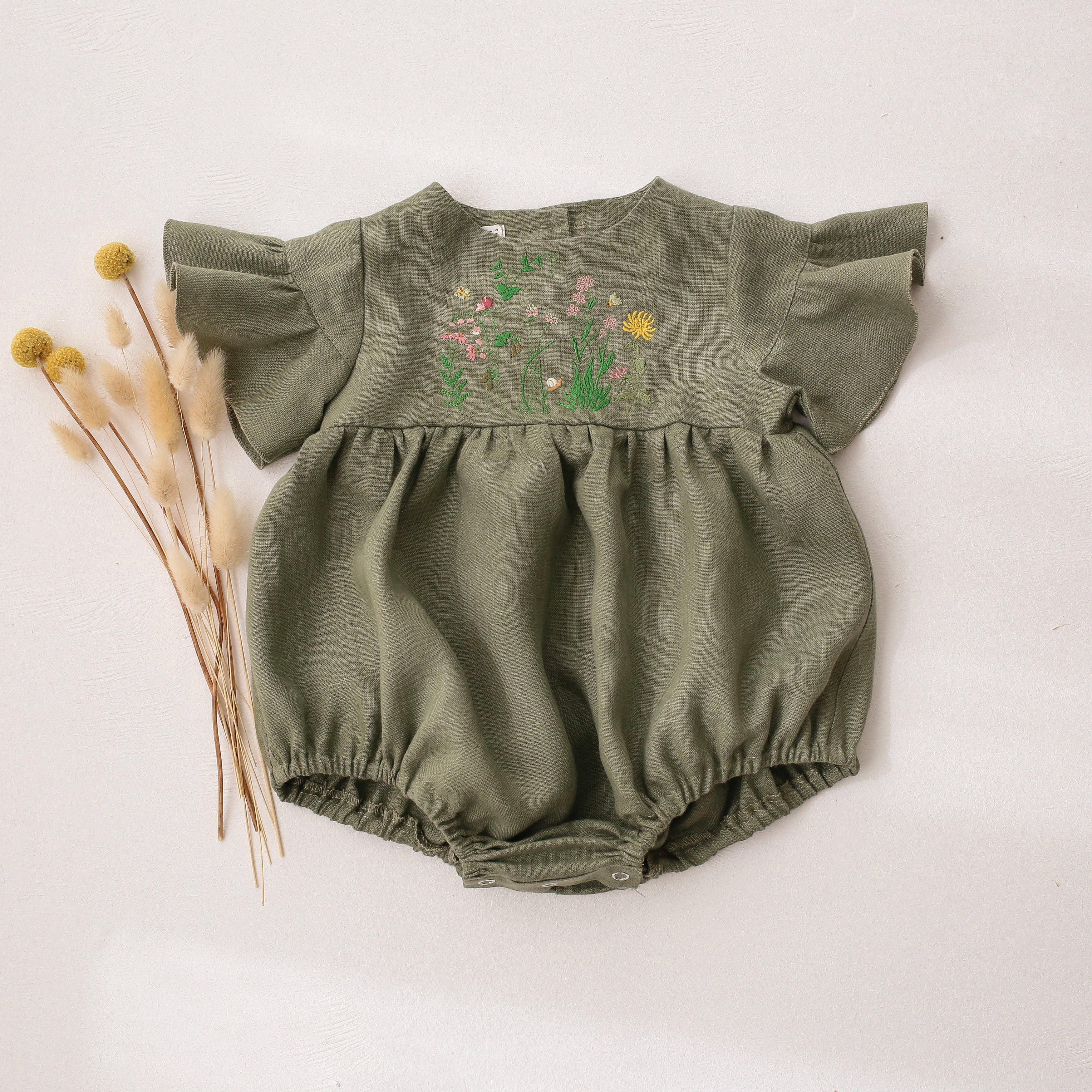 Olive Linen Flounce Sleeve Bubble Playsuit with “Fairy Meadow” Embroidery