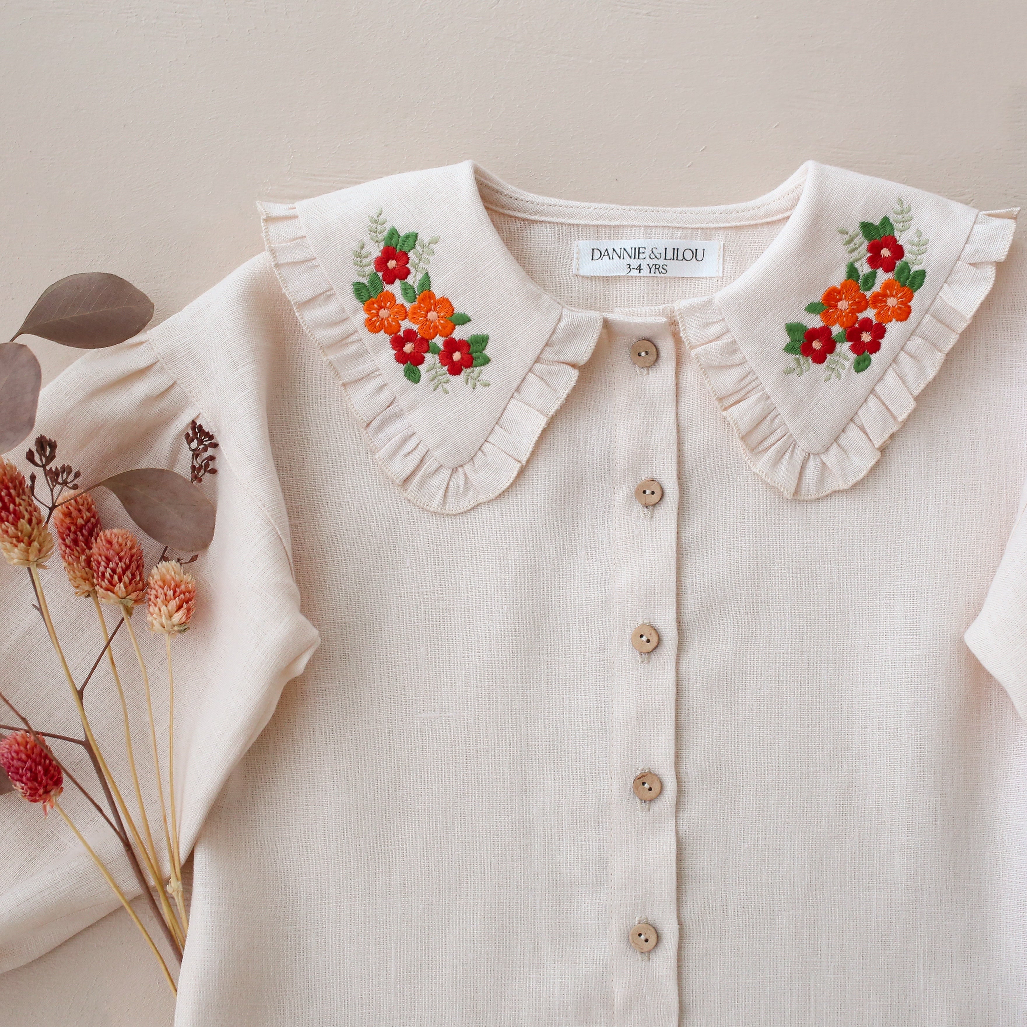 Ivory Linen Frilled Collar Bubble Sleeve Blouse with "Tiny Blossom" Embroidery