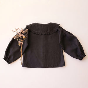 Black Linen Frilled Collar Bubble Sleeve Blouse with "Cat & Pumpkin" Embroidery