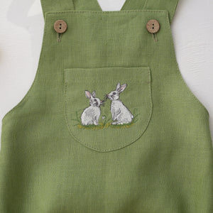 Meadow Green Linen Front Pocket Straps Romper with "White Bunnies" Embroidery