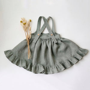 Green Smoke Linen Straps Pinafore with Frills