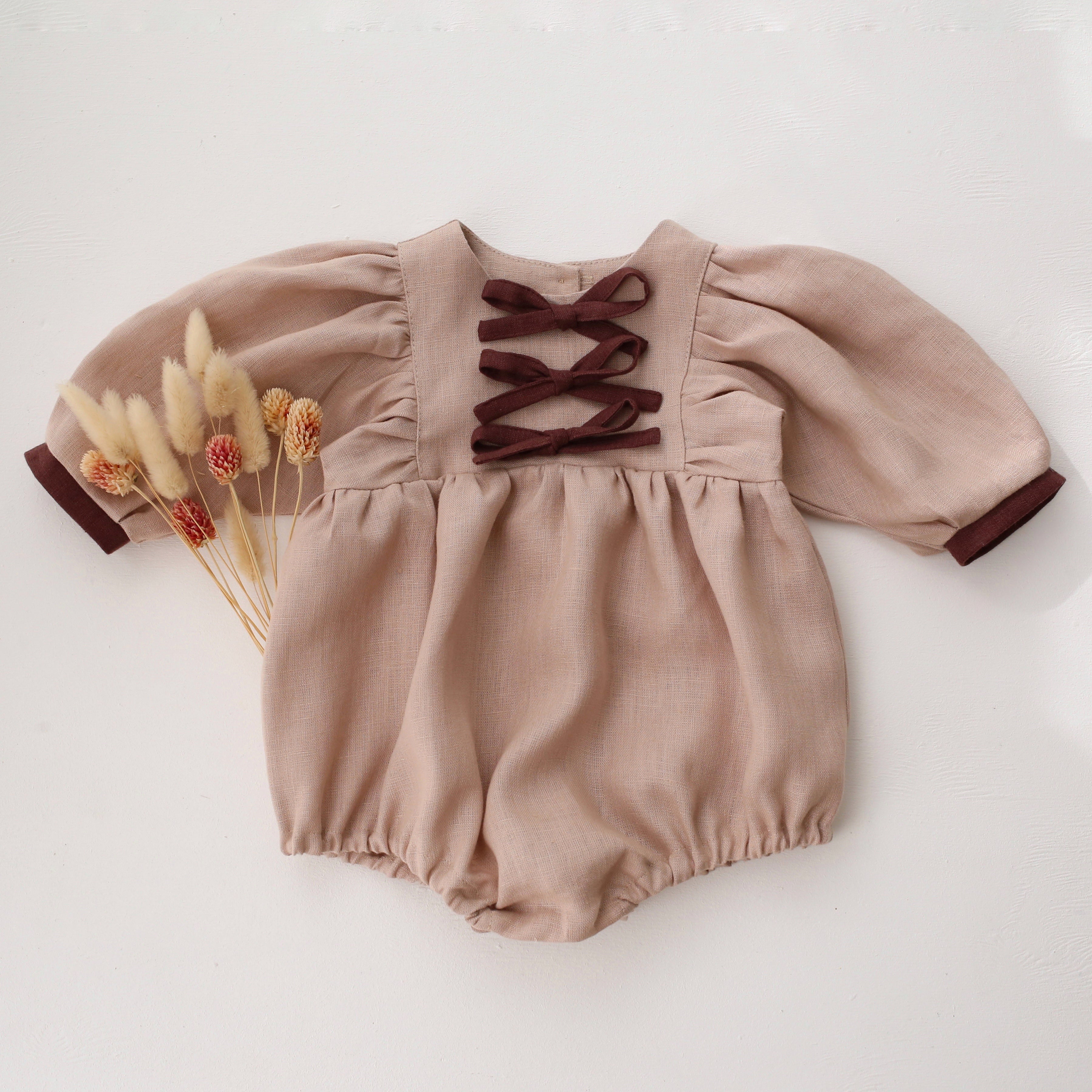 Beige Linen Puff Sleeve Bow Bubble Playsuit with Chocolate Plum Accent Color