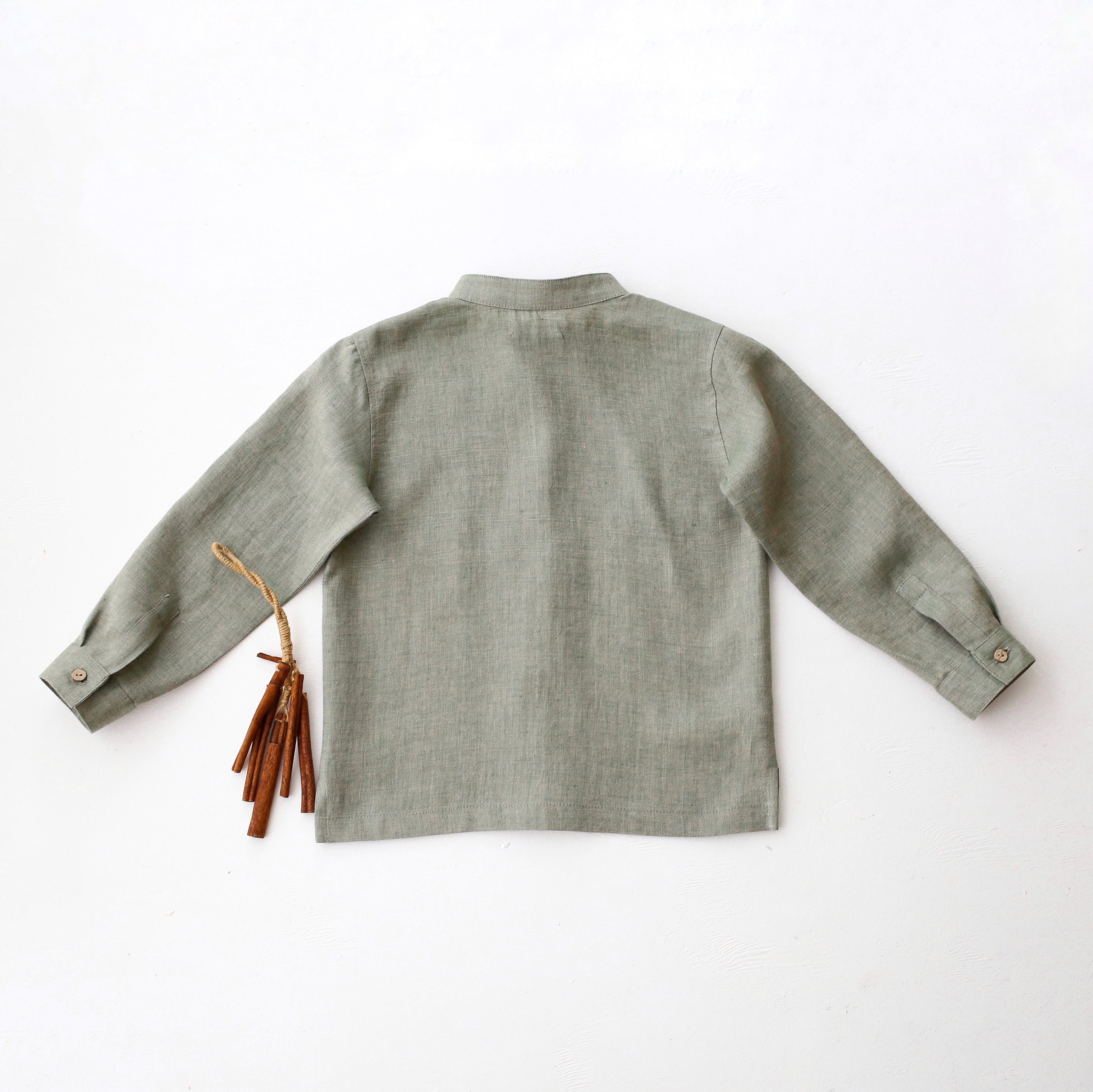Green Smoke Linen Long Sleeve Shirt with Band Collar and "Mini Acorns" Embroidery