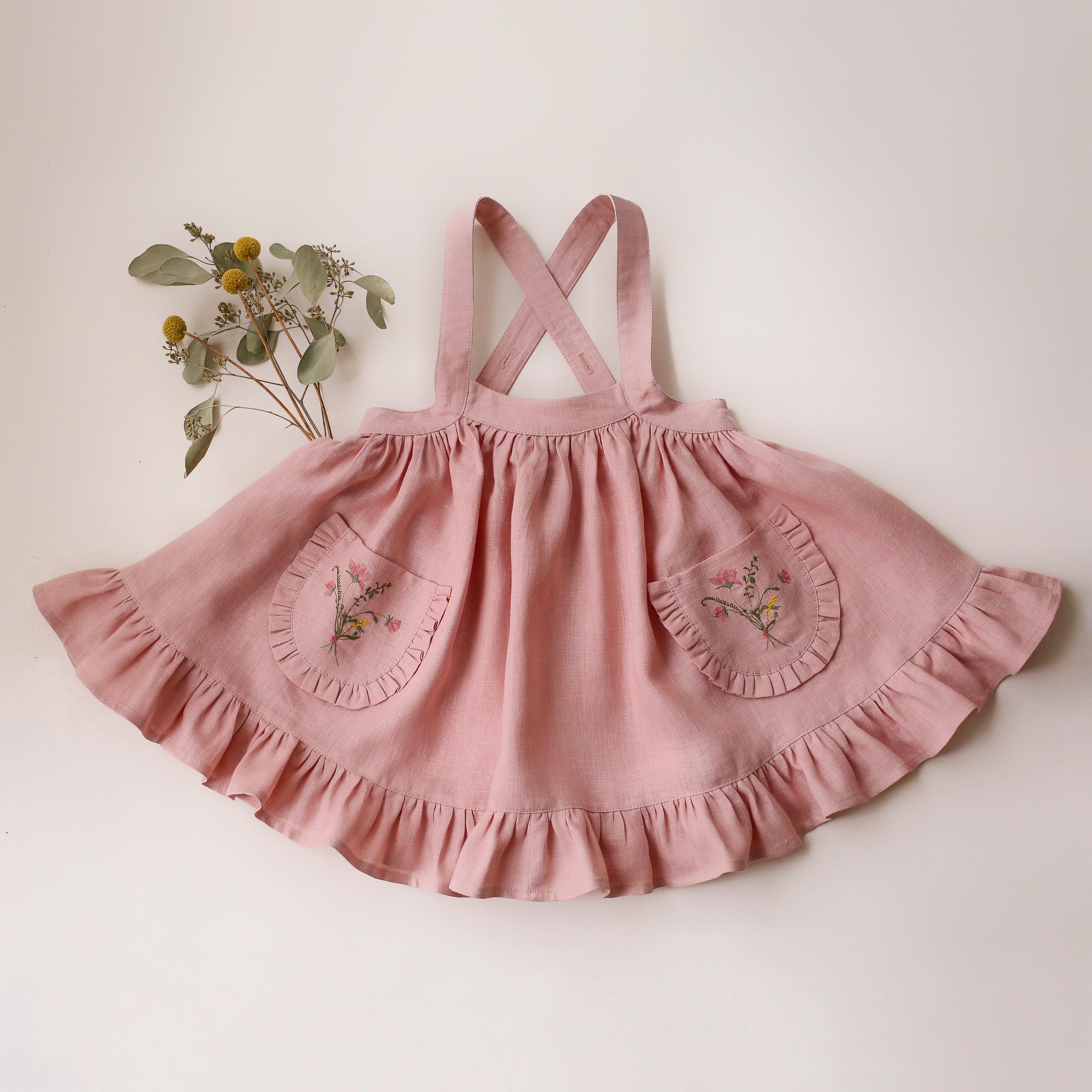 Powder Linen Straps Pinafore with Frills with “Bouquet #1” Embroidery