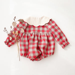 Cherry Check Linen Long Sleeve Bubble Playsuit with Petal Collar in Ivory Linen with "Fox with Pinecone" Embroidery