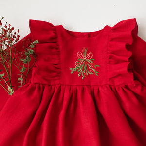 Scarlet Red Linen Long Sleeve Ruffle Dress with "Christmas Mistletoe" Embroidery