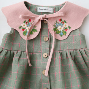 Mint & Pink Check Linen Tiered Dress with Petal Collar in Powder Linen with "Strawberry Bouquet" Embroidery