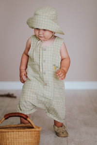 Green Gingham Linen Short Legs Tank Jumpsuit | “Lemon” Embroidery