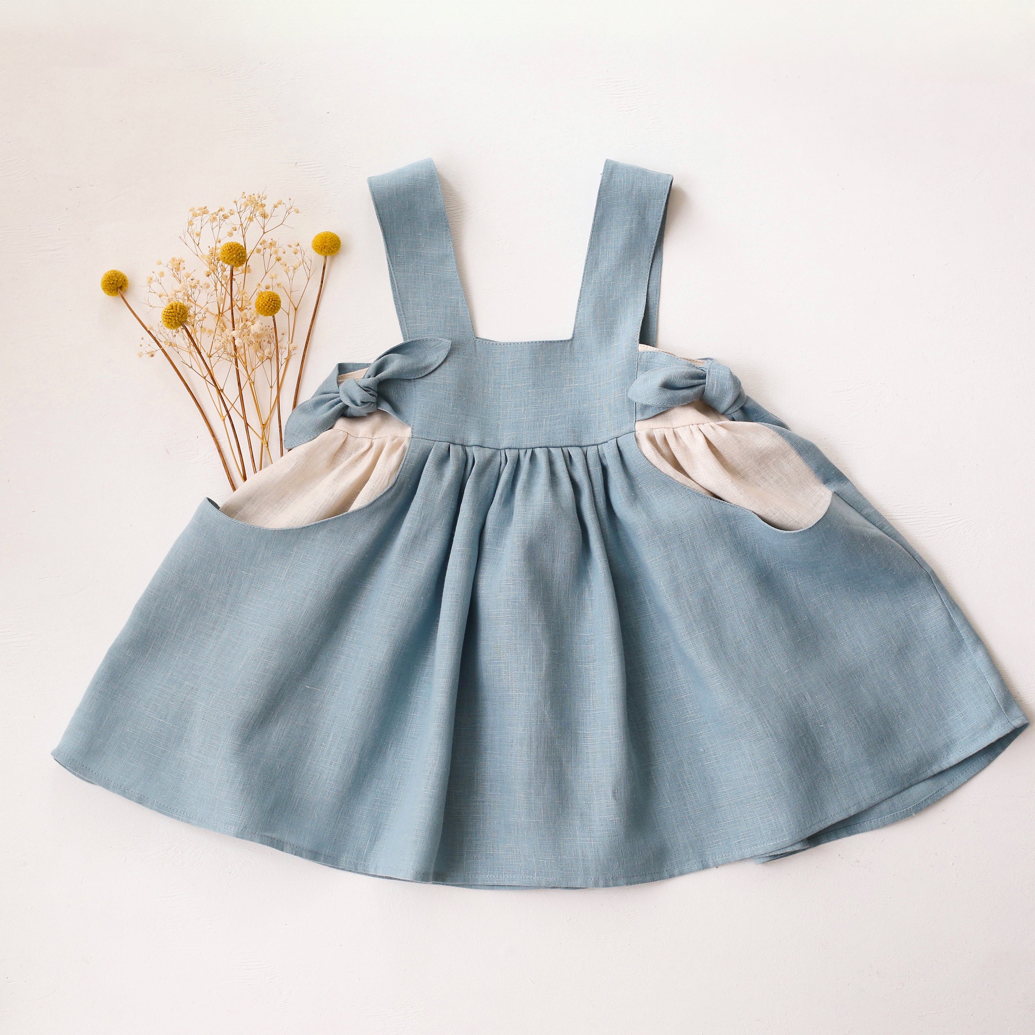 Chalky Blue Linen Square Neckline Pinafore with Ivory Linen Pockets