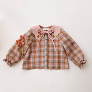 Hazel Rose Check Linen Long Sleeve Button Front Blouse with Petal Collar in Powder Linen with “Squirrel in Flowers” Embroidery