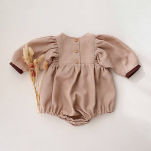 Beige Linen Puff Sleeve Bow Bubble Playsuit with Chocolate Plum Accent Color