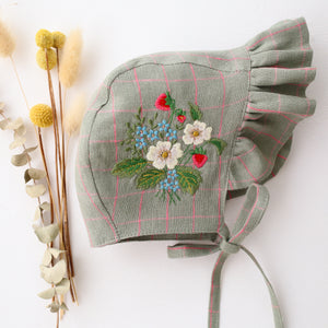 Mint & Pink Check Linen Ruffle Brimmed Bonnet with “Strawberry Bouquet” Embroidery