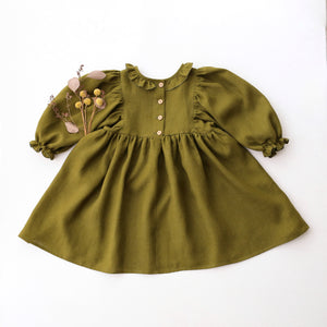 Pine Linen Puff Sleeve Ruffle Collar Dress with “Herbs & Mushrooms” Embroidery