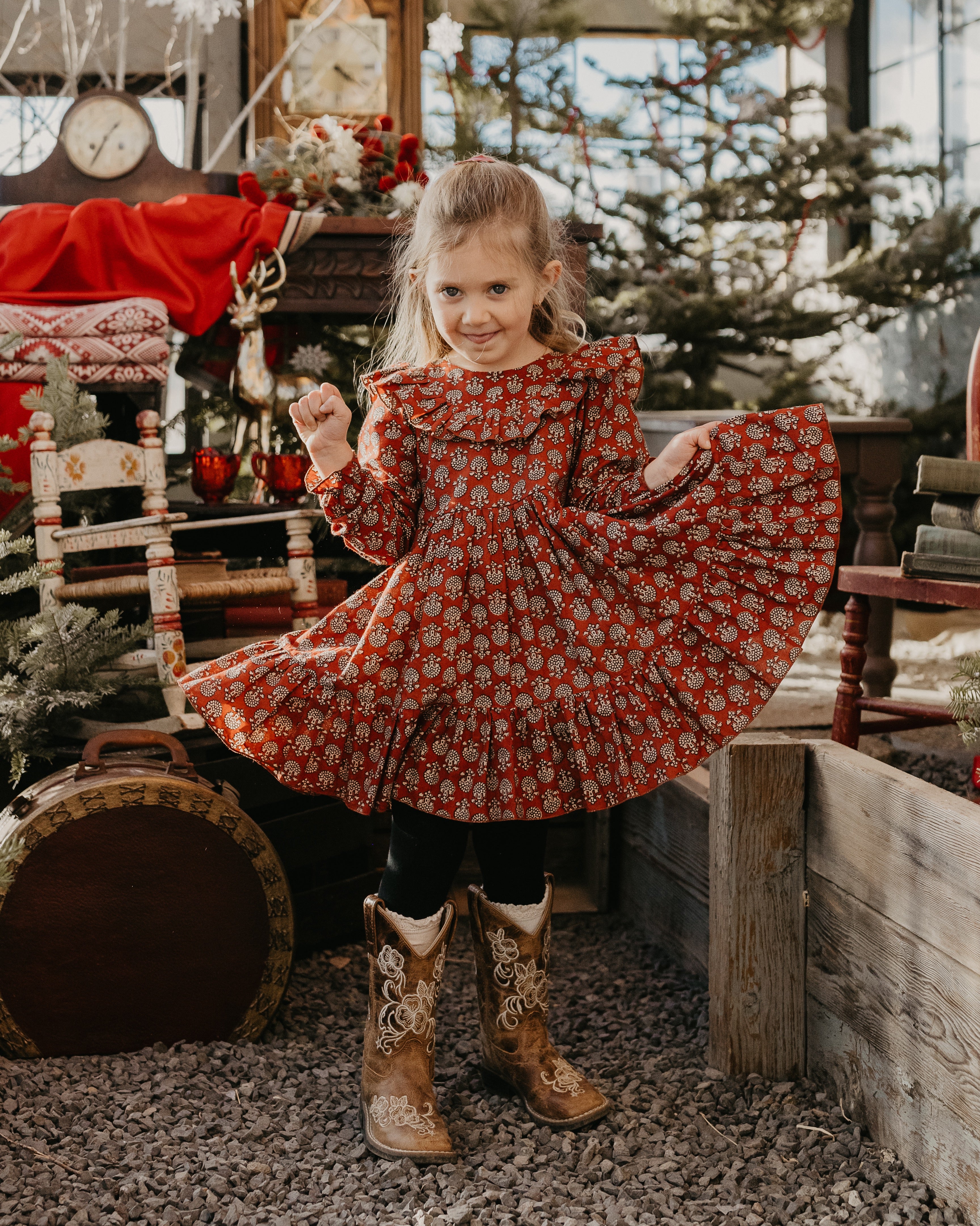 Festive Florals Cotton Long Sleeve Flutter Bodice Dress