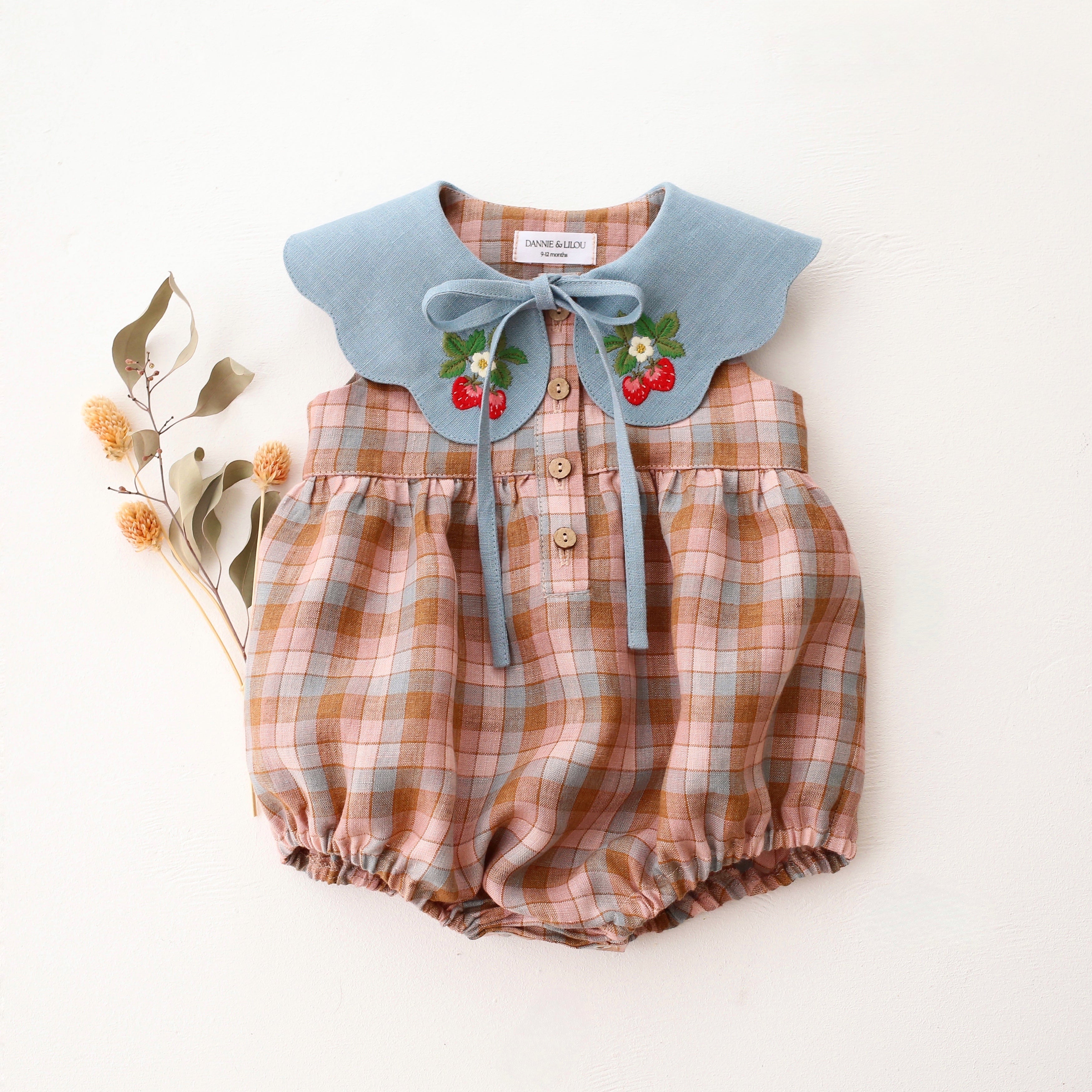 Hazel Rose Check Linen Bubble Playsuit with Petal Collar in Chalky