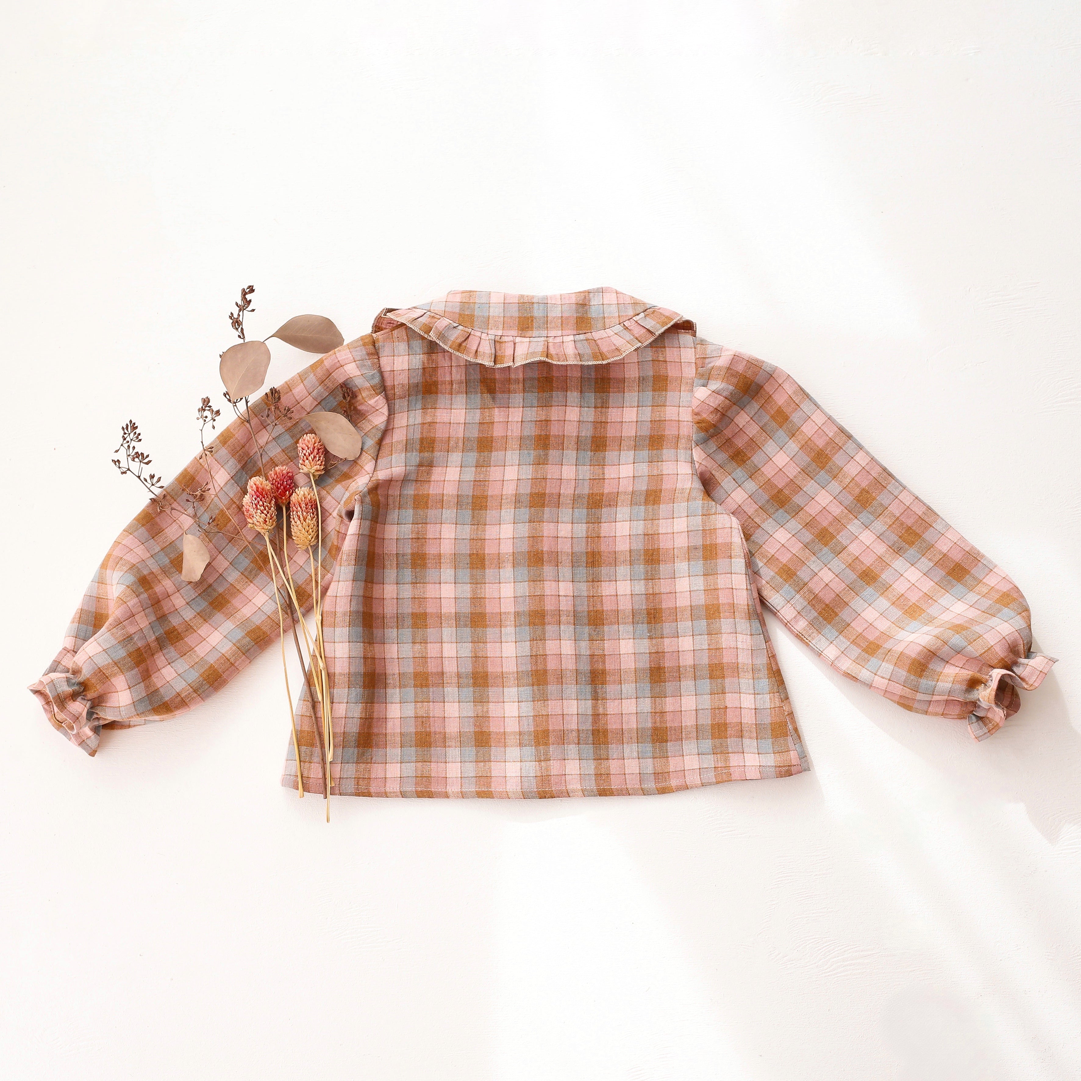 Hazel Rose Check Linen Long Sleeve Frilled Collar Button Front Blouse