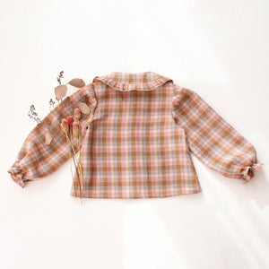 Hazel Rose Check Linen Long Sleeve Frilled Collar Button Front Blouse