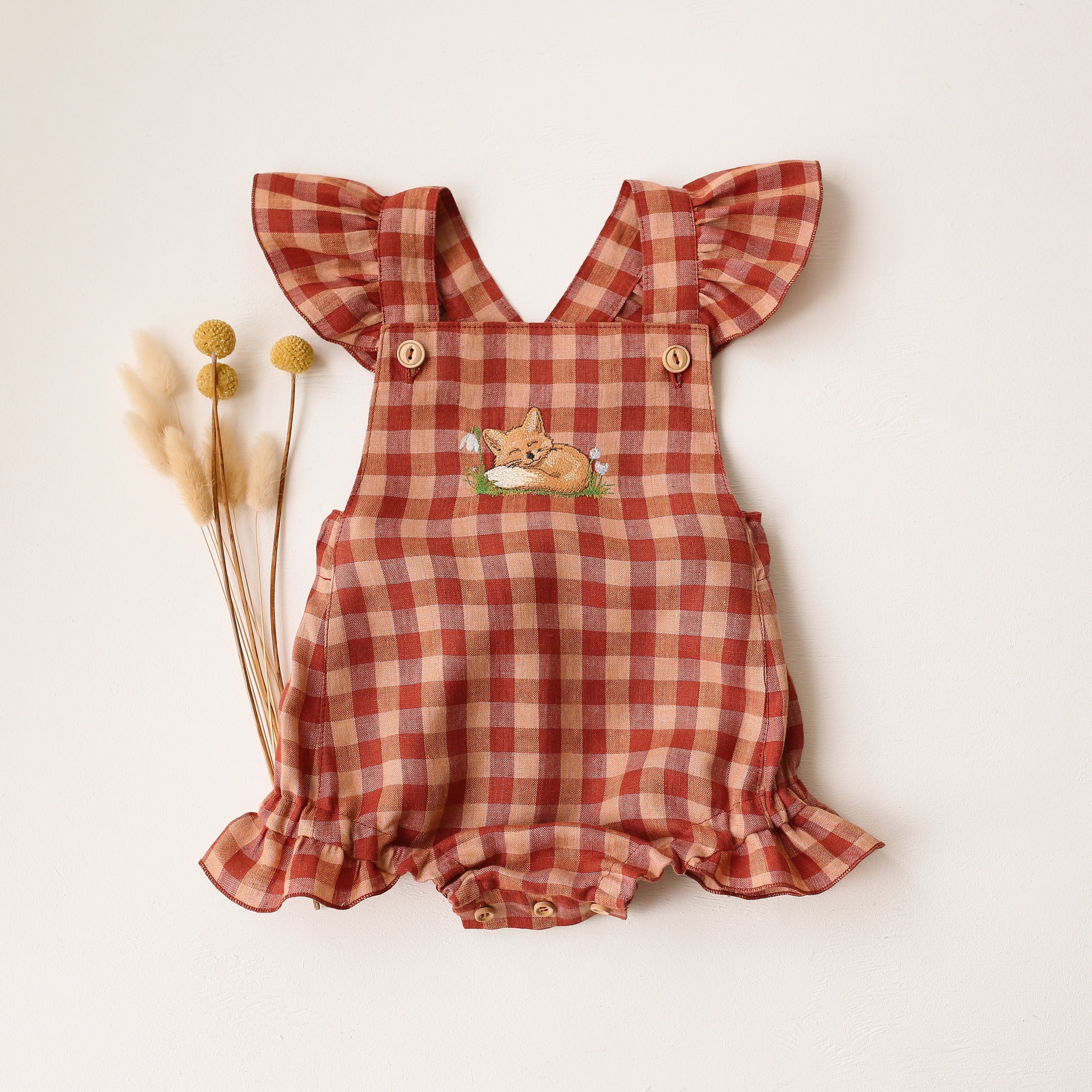 Butternut Check Linen Flutter Straps Romper with “Fox with Snowdrops” Embroidery