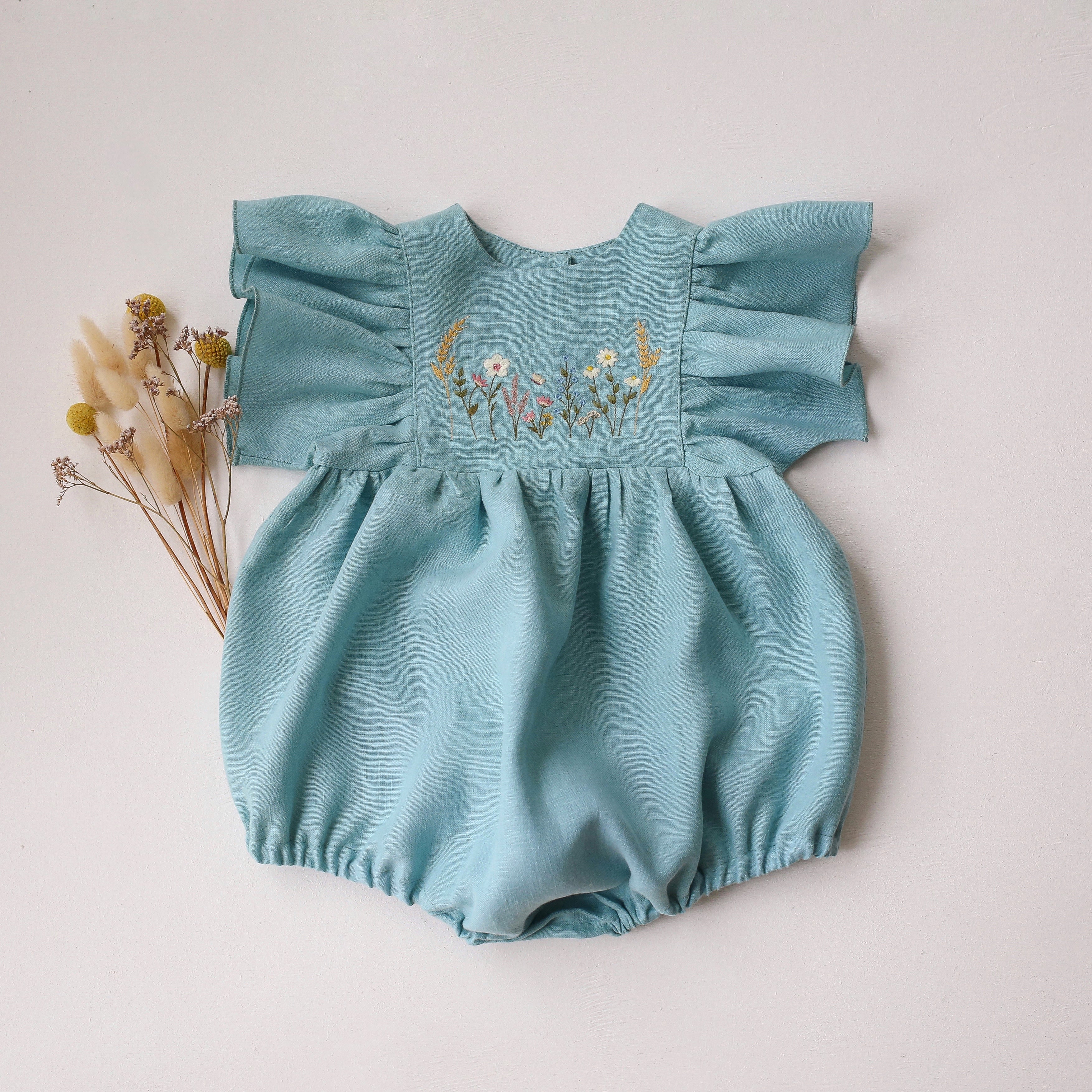 Duck Egg Blue Linen Ruffle Sleeve Bubble Playsuit with "Wheat Flower Field” Embroidery