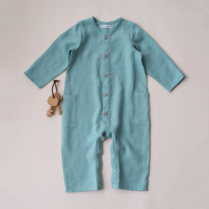 Duck Egg Blue Linen Long Sleeve Buttoned Jumpsuit with Pockets