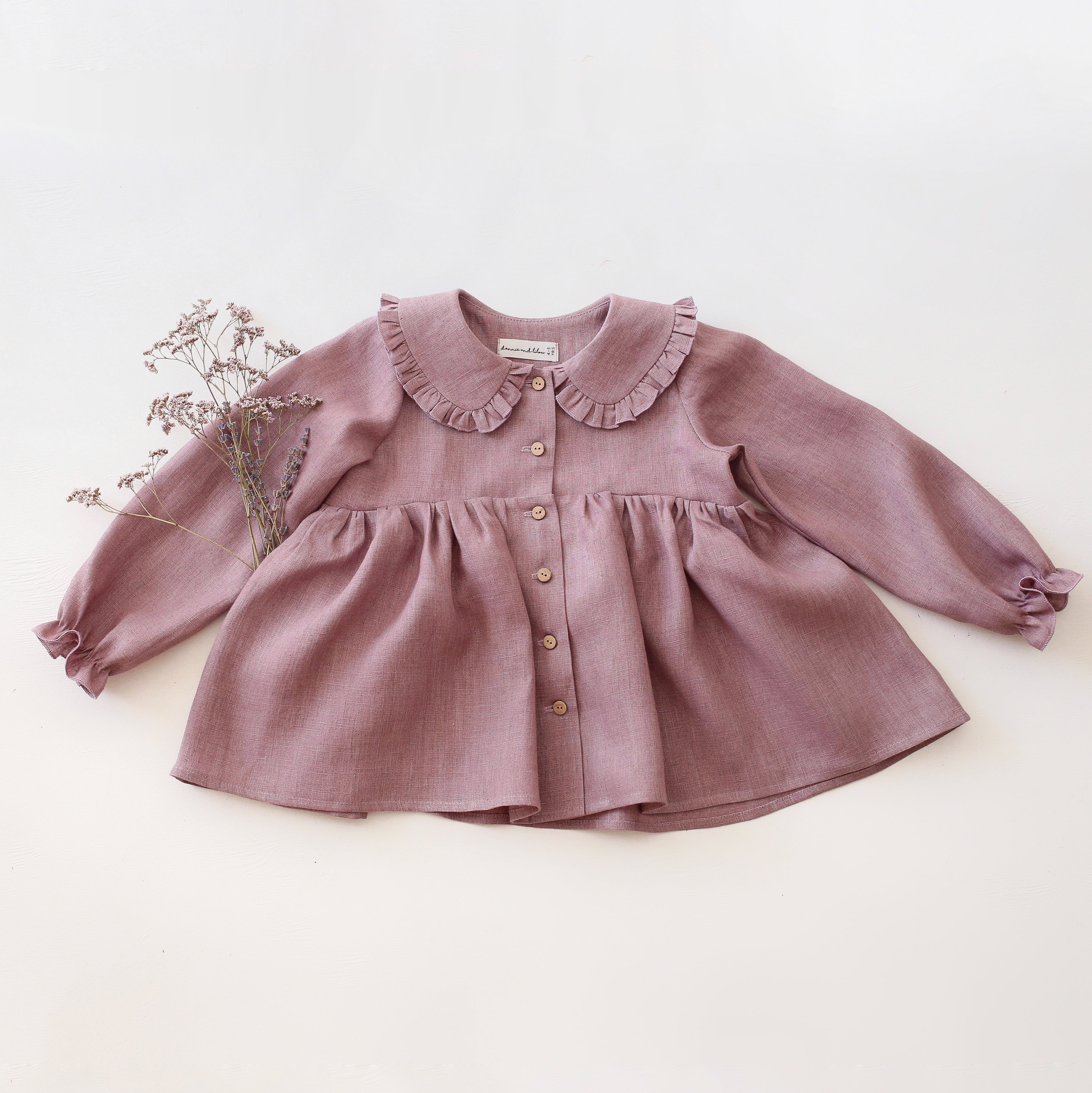 Pale Lilac Linen Long Sleeve Frilled Collar Curved Waistline Blouse