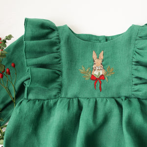 Emerald Green Linen Long Sleeve Ruffle Bubble Playsuit with "Christmas Bunny" Embroidery