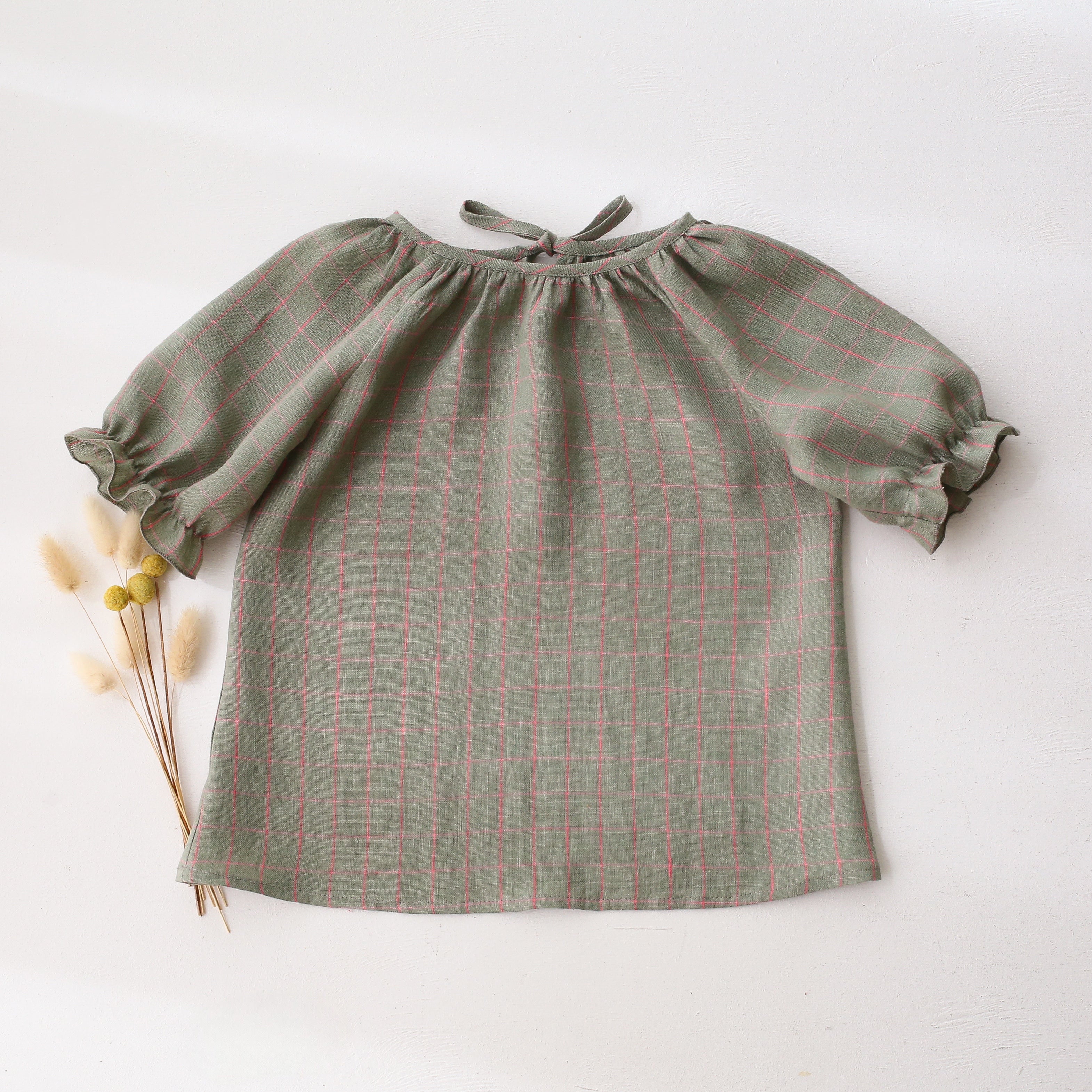 Mint & Pink Gingham Linen Tie Back Short Sleeve Tie Back Blouse