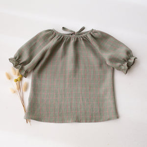 Mint & Pink Gingham Linen Tie Back Short Sleeve Tie Back Blouse