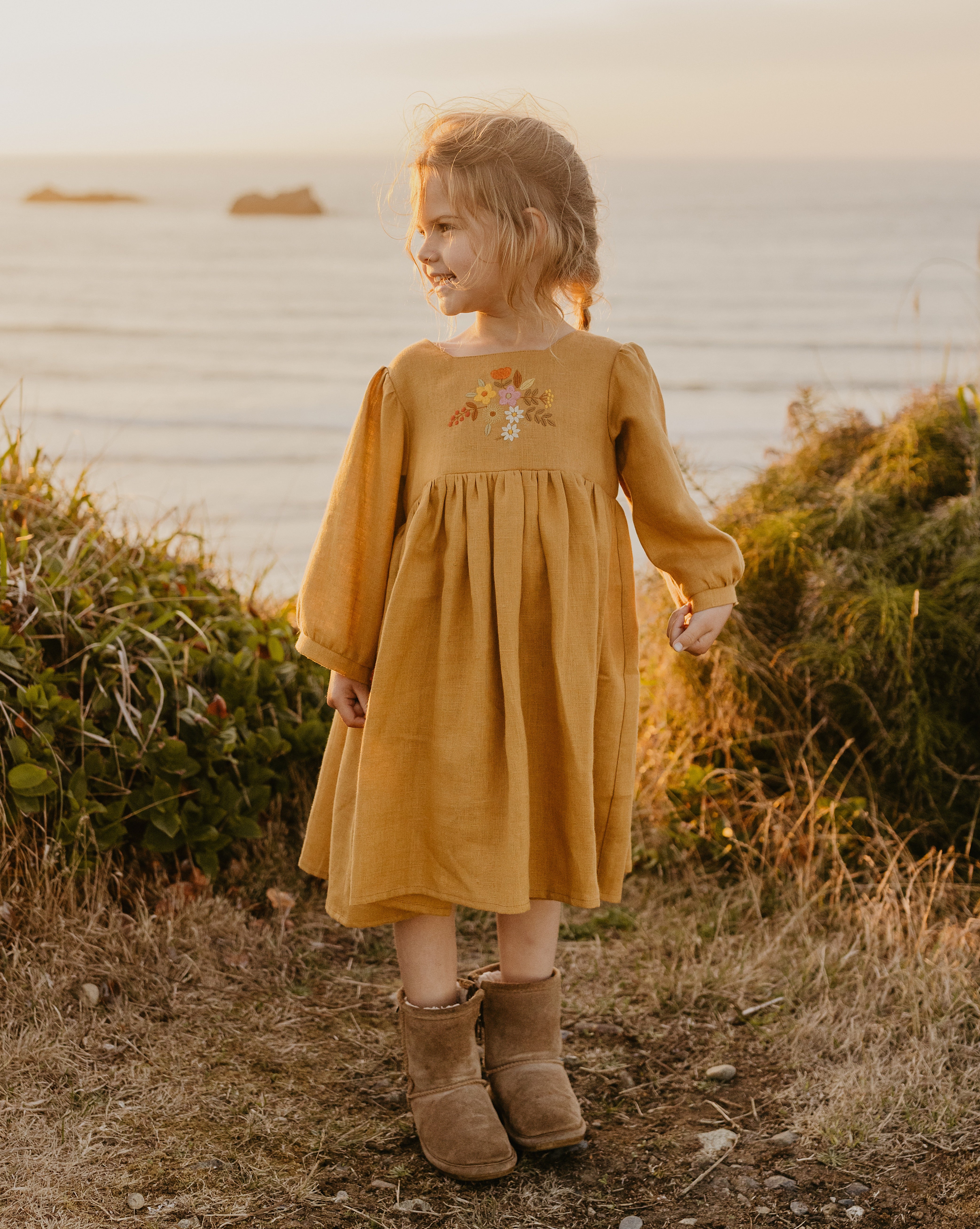 Mustard Linen 3/4 Length Sleeve Square Neckline Dress with "Autumn Flowers" Embroidery