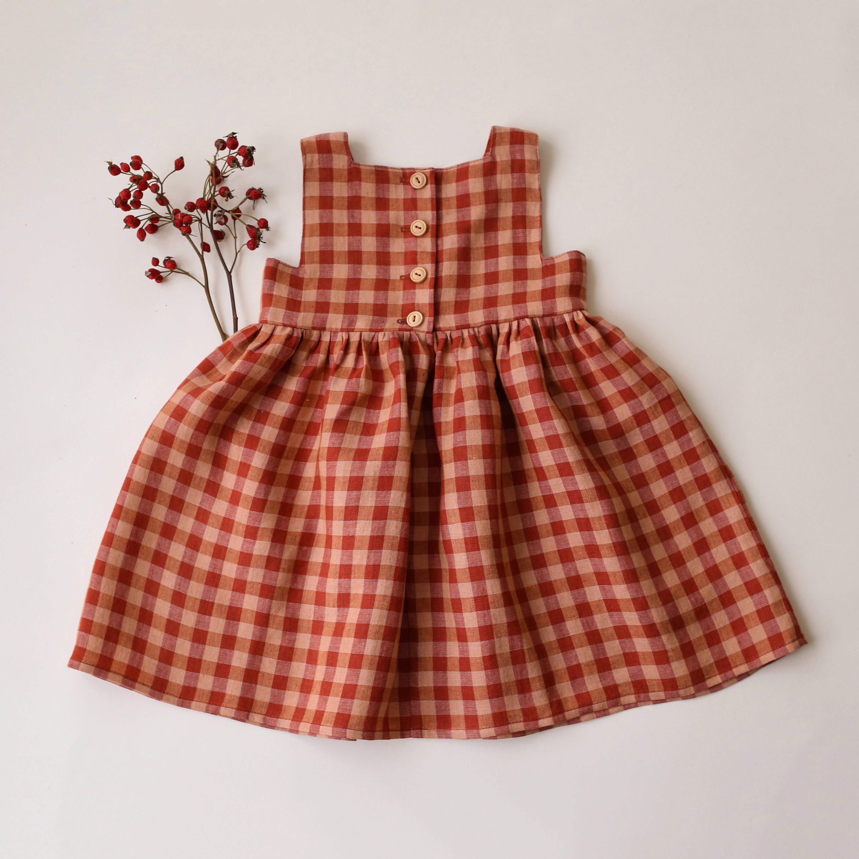 Butternut Check Linen Pinafore Dress with Buttoned Back