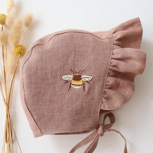 Rose Smoke Linen Ruffle Brimmed Bonnet with “Bumblebee” Embroidery