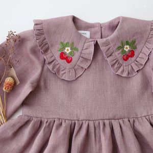 Pale Lilac Linen Long Sleeve Frilled Collar Dress with "Strawberry" Embroidery